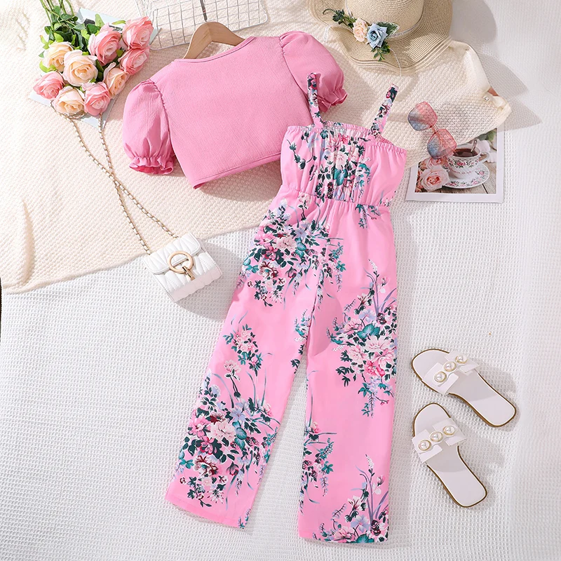 Kids Clothes Sets For Girls Pink Short-Sleeved Jacket And Pink Printed Jumpsuit Fashion 2PCS Sweet Style Daily Casual Clothes