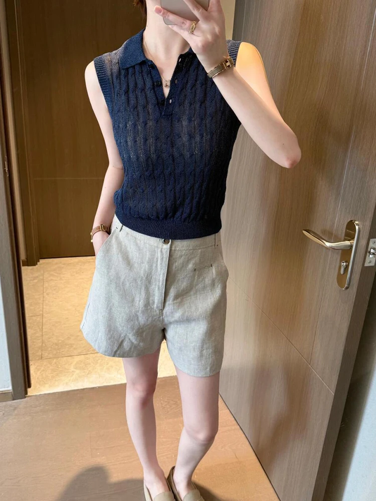 

Retro Twist Knit ort Svel Top Women's Summer Faion Slimming Sli Turn-down Collar Casual Sle Polyester Fiber