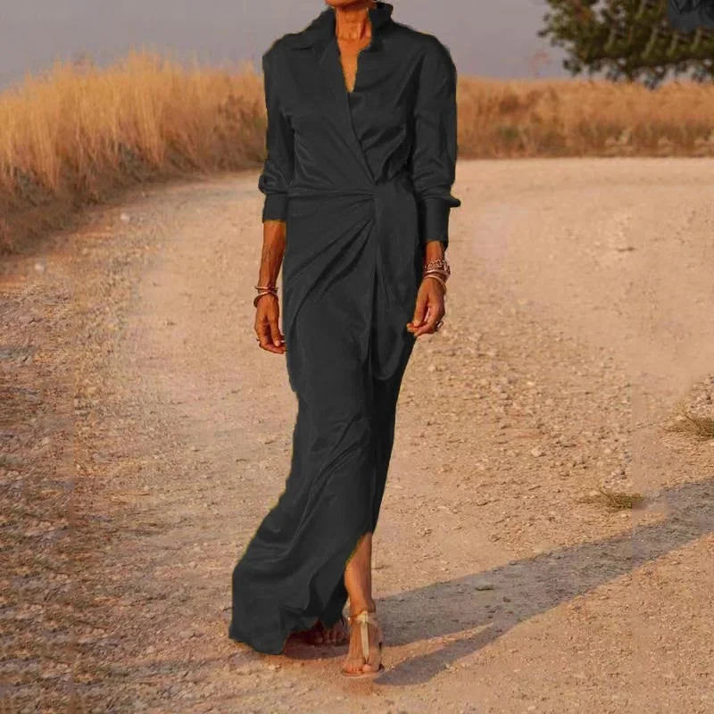 여성용 우아한 셔츠 원피스 단색 폴리에스터 셔츠, 원피스 라펠 긴팔 묶음 허리, 느슨한 맥시 드레스, 2024 신상