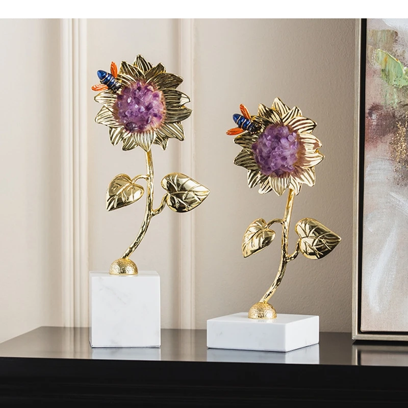 Sunflower Model Sculpture Marble Metal Flower Crafts Office Desktop Decoration Light Luxury Home Accessories Gifts