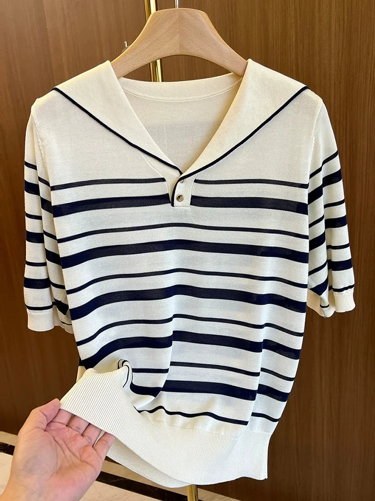 

Ele Korean Sle Striped ort Sve Knitwear Faionable Commute Simple Women's Top Color Blo Silk Blend Summer 2025