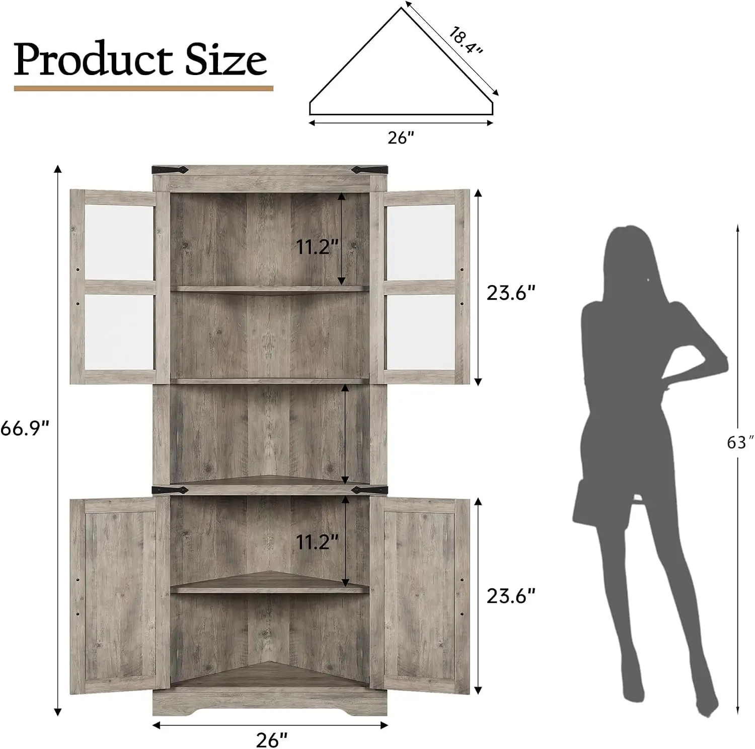 Tall Corner Storage Cabinet with Lights, Farmhouse Hutch Display, Glass Doors, Wood Organizer for Kitchen Living Room, Washed Grey view 2