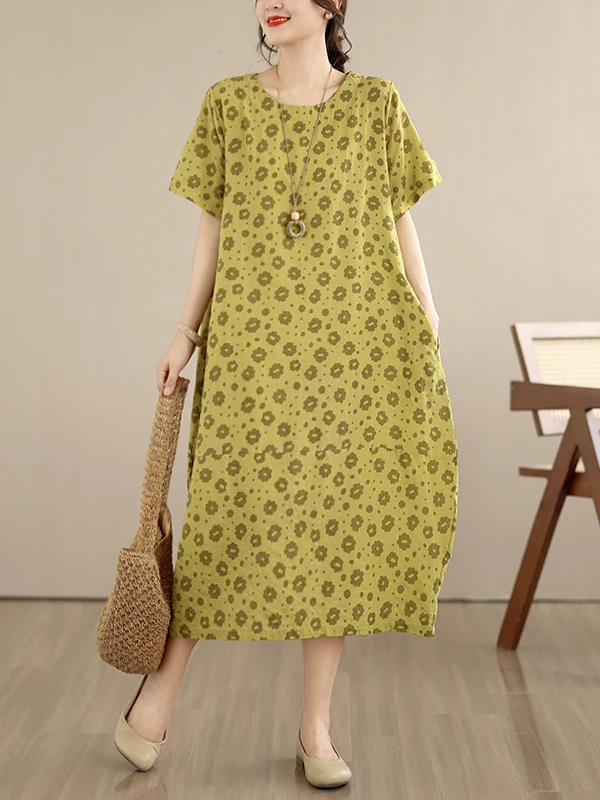 

Summer New Loose Cotton Linen Print Short Sleeve round Neck Knee-Length Casual Style Women's Dress City Walk Polyester Cotton...