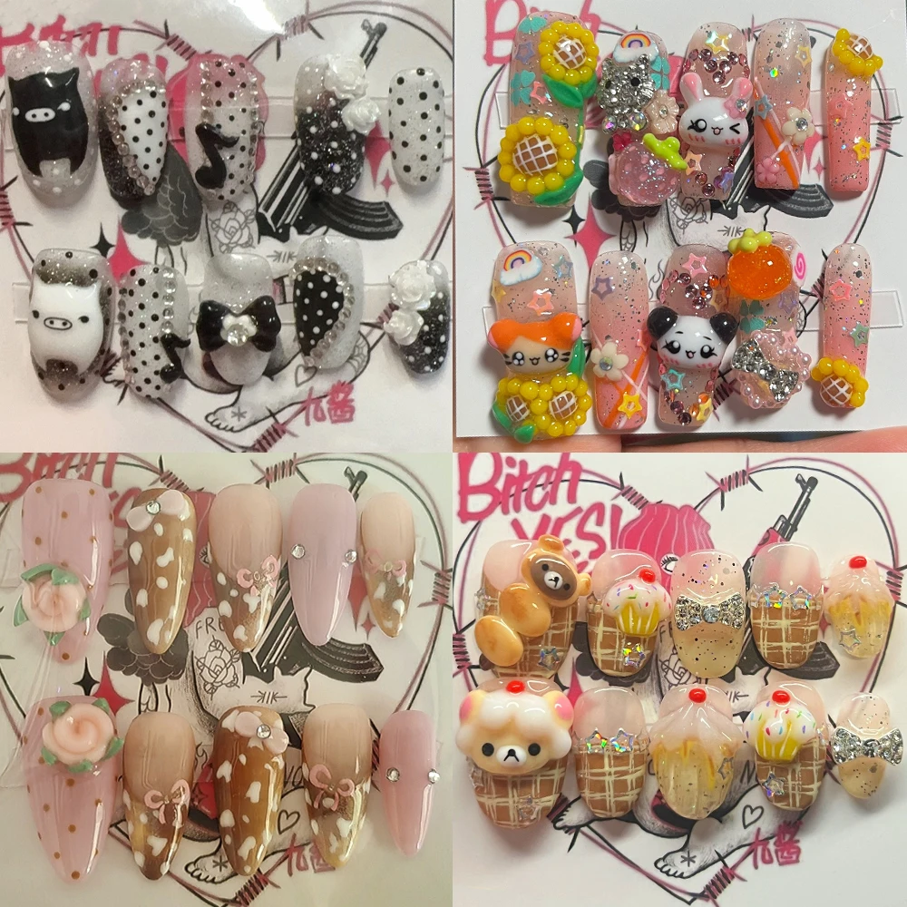 

10Pcs Y2K Cute Rilakkuma Long Coffin Almond Handmade Wearable Press On Nails Flower Diamonds Sequins Music Note Pearl Fake Nails