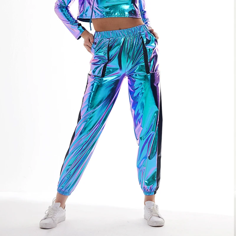 Women Shiny Patchwork Joggers Trousers Metallic Sweatpants Party Hip Hop Pants Holographic Jazz Dance Performance Street Wear