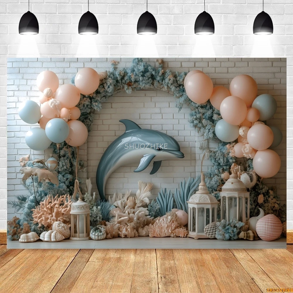 Fantasy Underwater World Photography Backdrop Ocean Dolphin Whale Arch Balloon Baby Shower Birthday Party Photo Background Decor