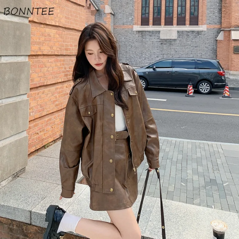 

PU Jackets Women Solid Chic Sweet Cool Girls Preppy Style Autumn Ins Korean Fashion All-match Streetwear Turn-down Collar Coats