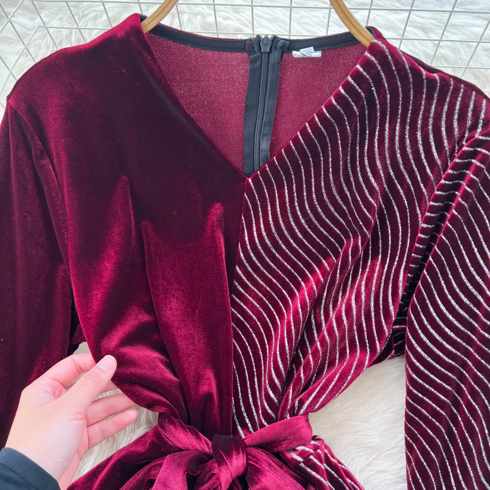 Vestido Retro elegante de terciopelo con cuello en V, manga larga, informal, de cintura alta, ropa de mujer, vestidos de ceremonia