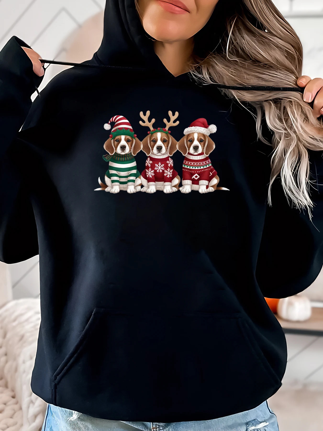 Weihnachten Hunde Muster Urlaub Hoodie Frauen Casual Winter Tragen Schwarz Plus-Size