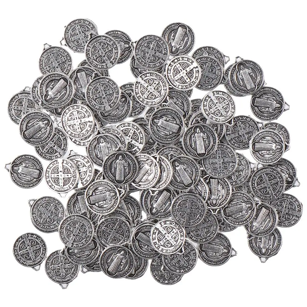 100Pcs Alloy Alloy Saint St Benedict of Nursia Patron Against Evil Medal Charm Metal Saint PendantSilver Toned Saint