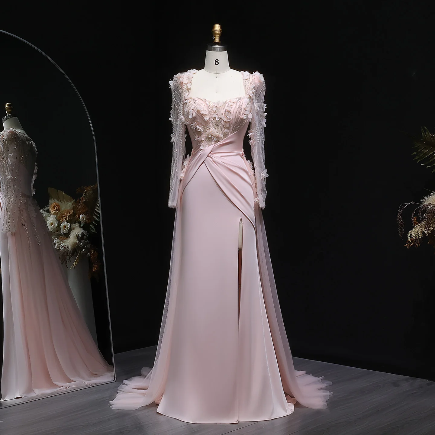 

Sharon Said Long Sleeve Mermaid Evening Dress Pink 3D Flowers Draped Women Wedding Party Gowns SF384 Customized