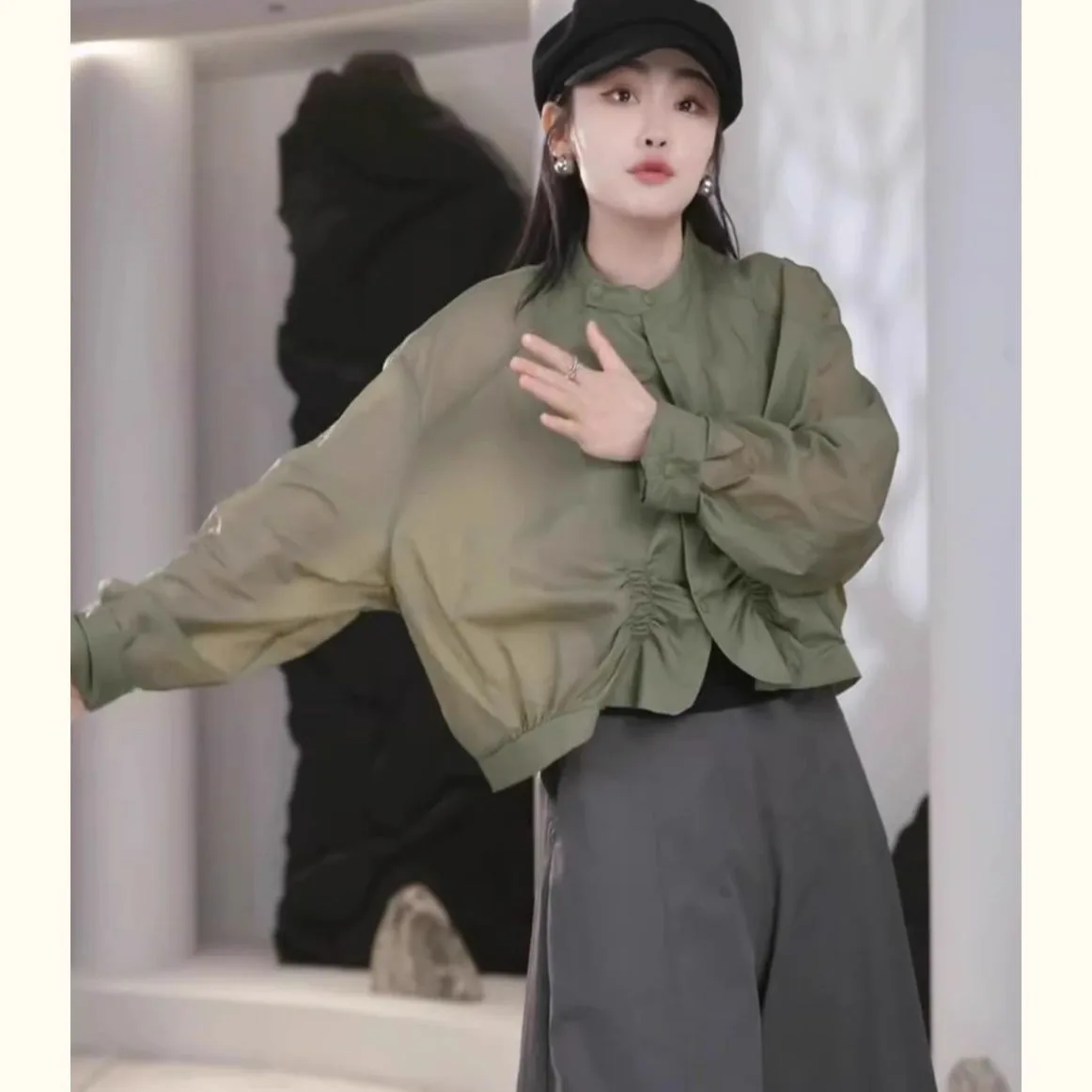 Korean Sle Long Sve Women's Summer Thin Loose Breathable Sun Protection Outerwear Ele Folded Design Slimming Top