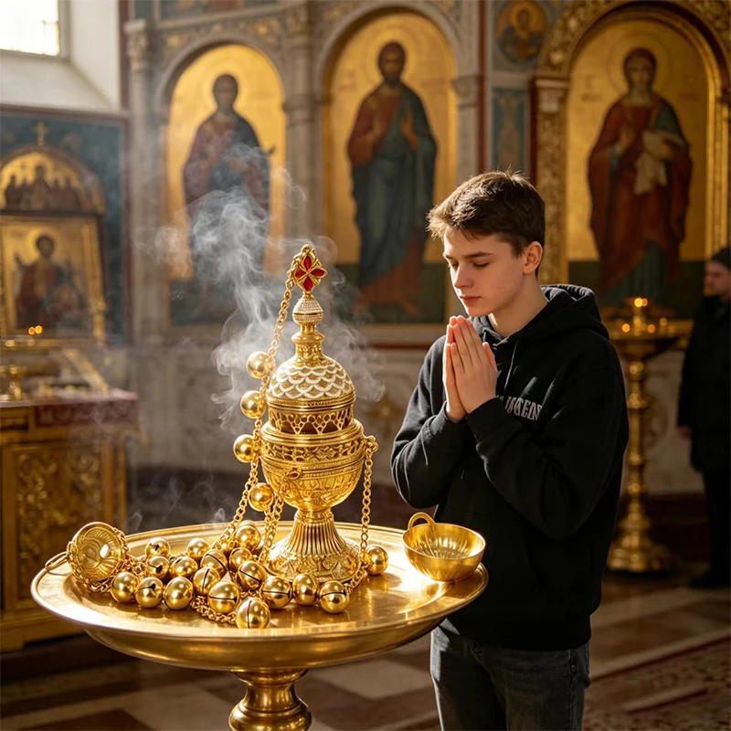 Encensoir suspendu orthodoxe vintage plaqué or avec 24 clochettes émaillées pour autel domestique, prière, dévotion, décoration religieuse chrétienne