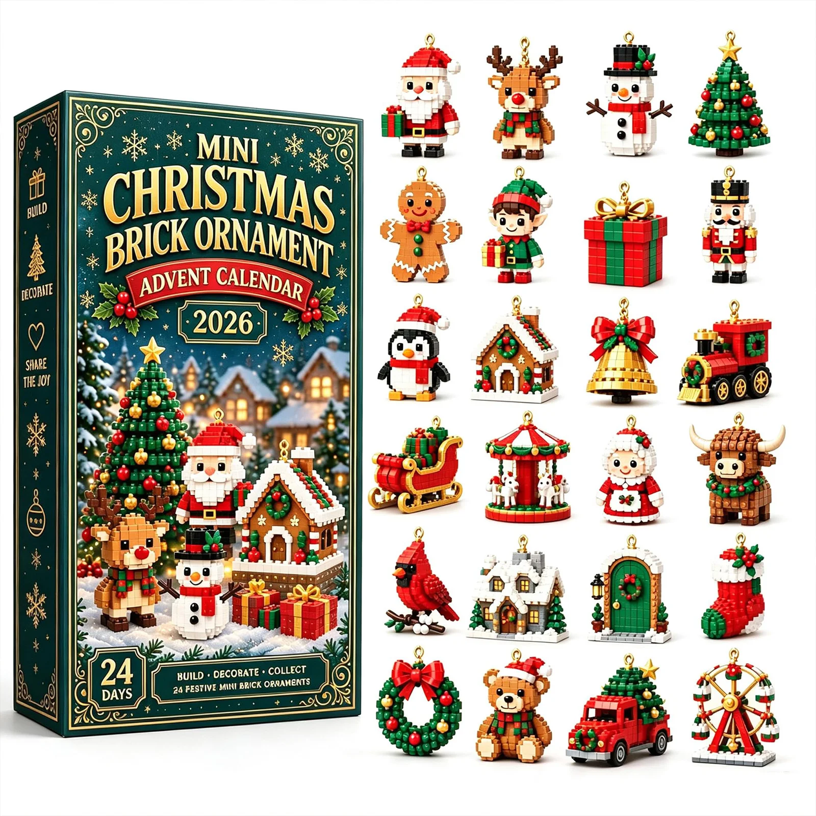 24-Day Mini Brick Ornament Advent Calendar, 24 Buildable Xmas Tree Garland Decor with Hanging Loops, Holiday Countdown Gift Hot
