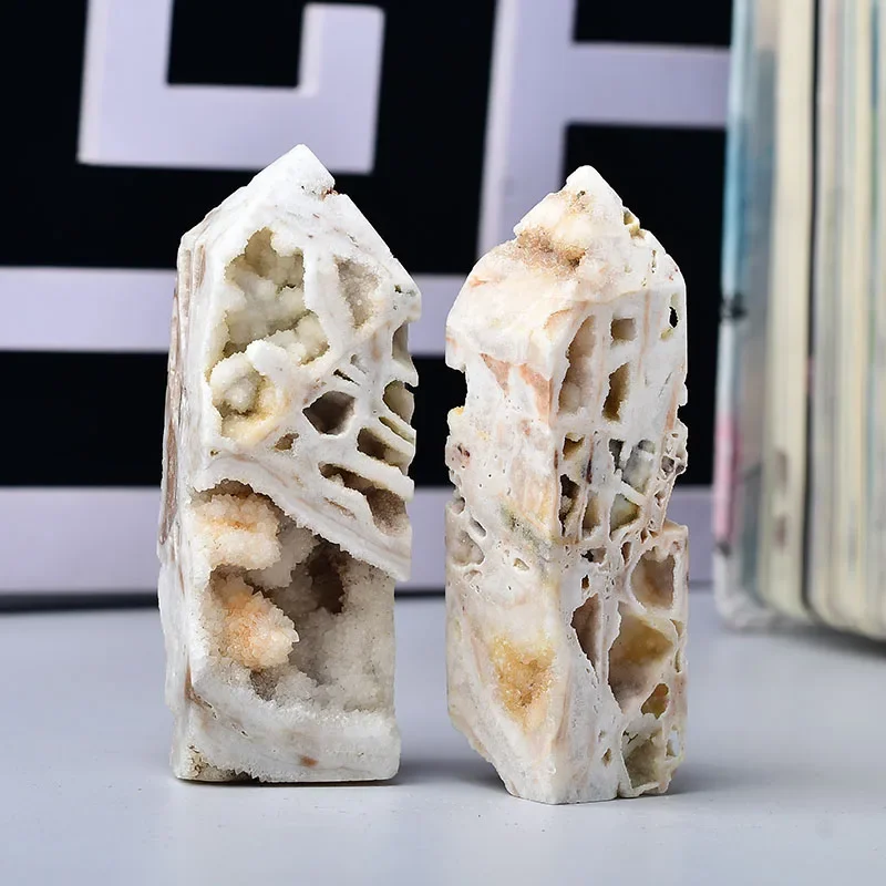 

1PC Natural Gemstone Mineral Agate Point Wand Healing Druzy Crystal White Agate Tower Column Decoration Gifts Chakra stones set
