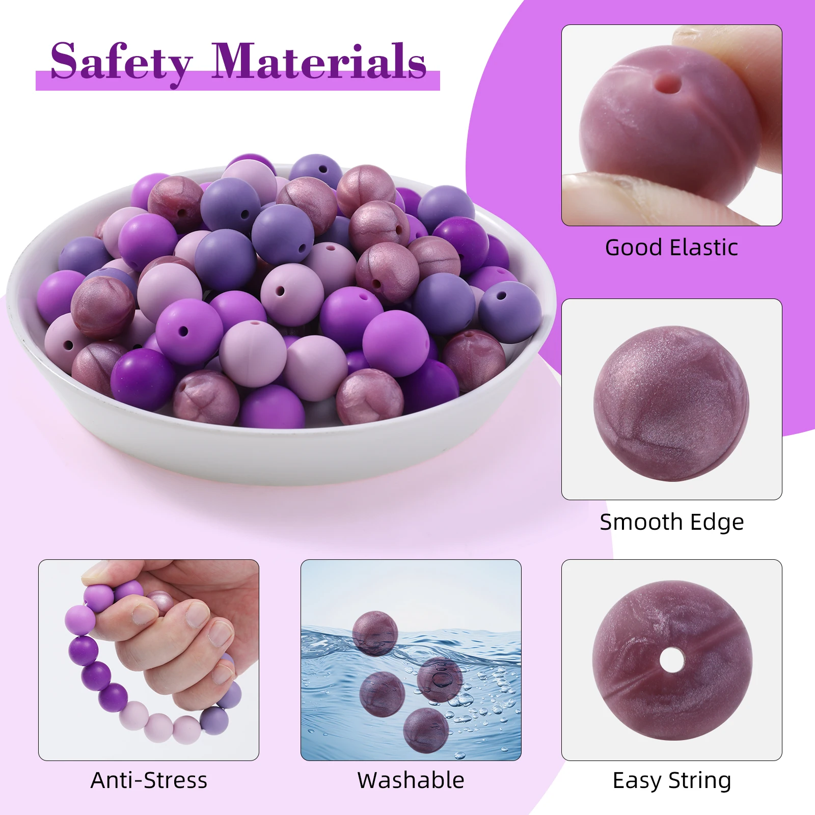 Purple Series Silicone Beads 90Pcs Charm Round Beads for Jewelry Making Handmade DIY Keychain Pendant Jewelry Accessories 15mm