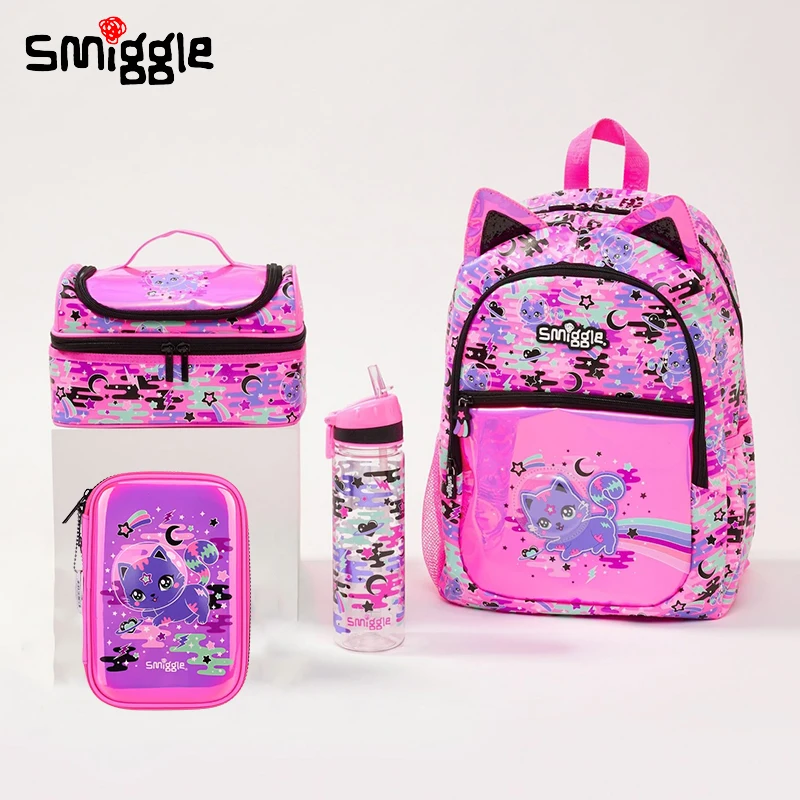 

Натуральный Австралийский Smiggle, розовый вместительный рюкзак с космическим котом, кошелек, коробка для завтрака, сумка для ланча, бутылка для воды, канцелярские принадлежности, подарок для студентов