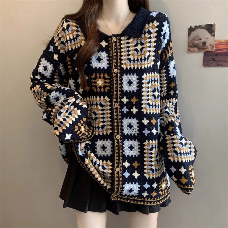 سترة نسائية محبوكة برقبة بولو من قماش الجاكار العرقي للسيدات والفتيات مقاس كبير ملابس غطاء سترة جميلة للخريف والشتاء #4