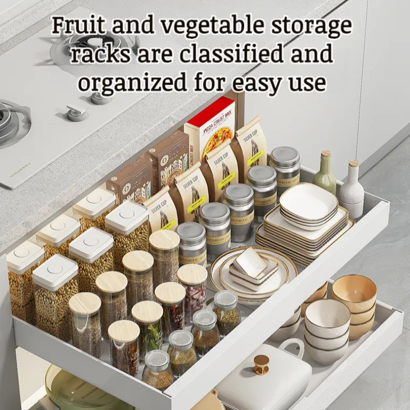 Kitchen cabinet retractable storage basket basket seasoning bottles and cans storage rails can pulled free holes simple shelves