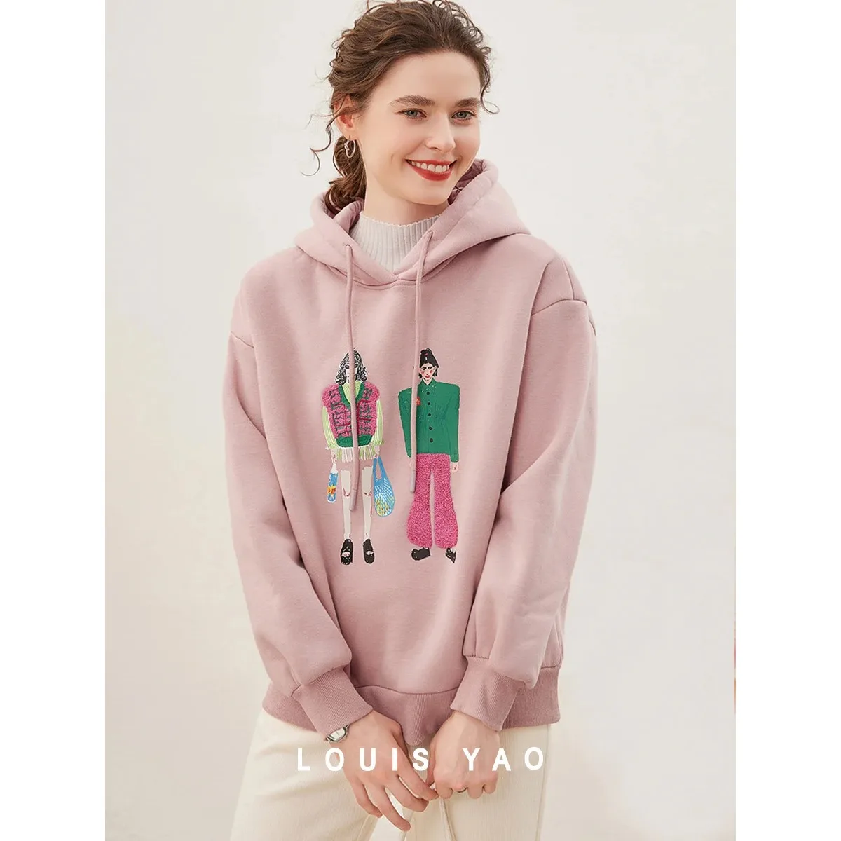 LOUISYAO Cartoon Character Pattern Women's Hoodie 2025 Winter Tops Collection with Velvet Thickened Chic Long Sleeve Hoodie