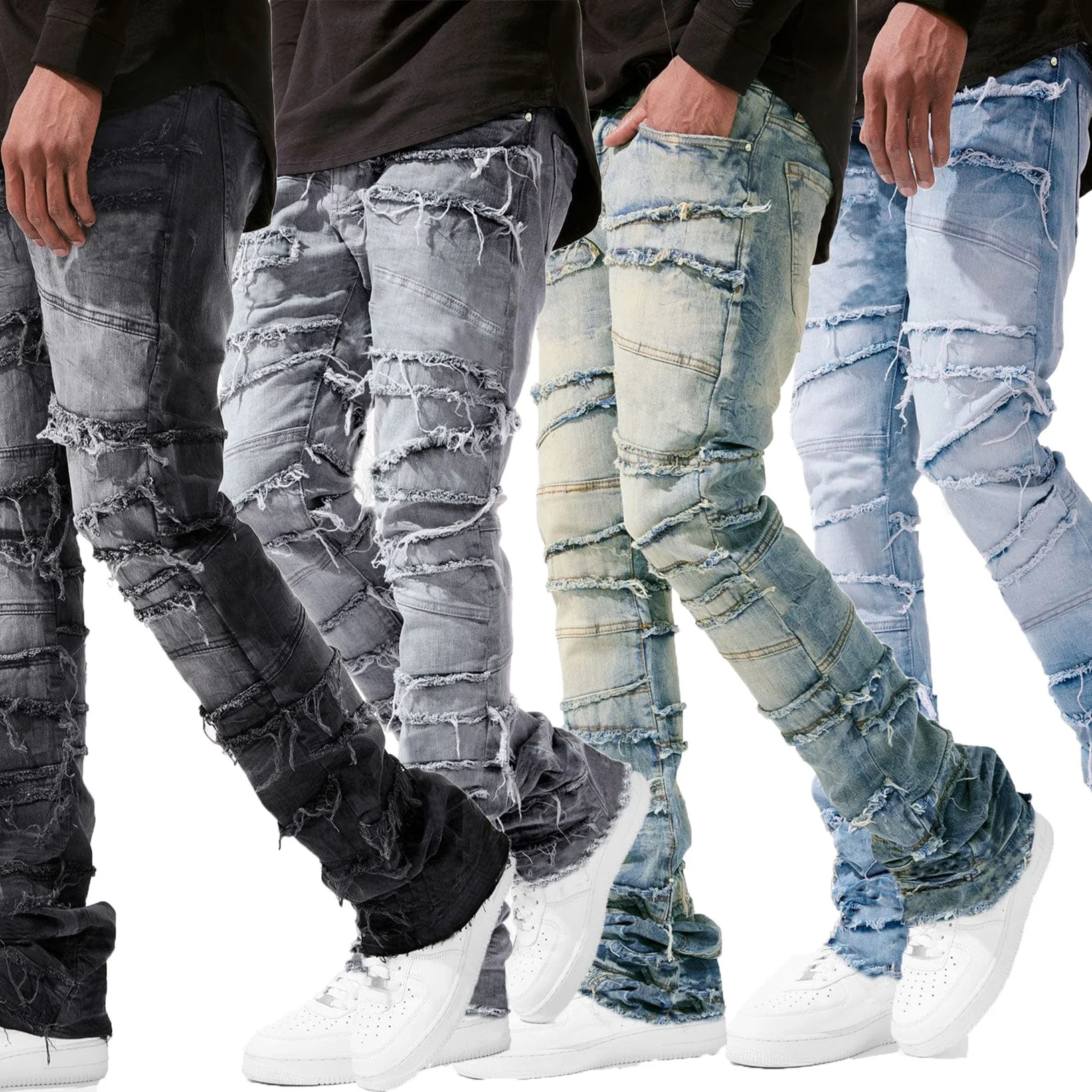 new Patch denim straight-leg pants retro jeans street fashion ins explosive style elastic new men's fashion retro denim trousers