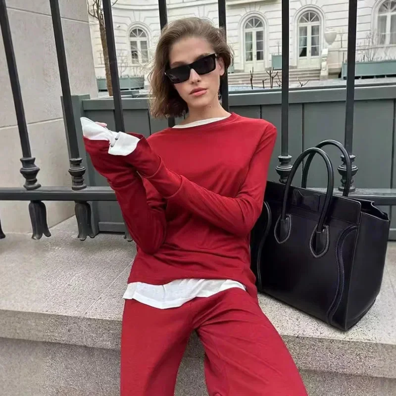 2024 Modal Soft Loose Sets Women Two Pieces Casual Solid Long Sleeve T-Shirts And High Waist Dresses Fashion Tops Pants Outfits