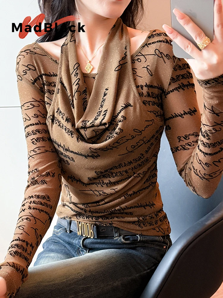 

MadBlack-женская футболка с флокированием в европейском стиле, сексуальный принт с лямкой на шее, уличная тонкая сетчатая футболка с длинными рукавами S-3XL, осень 2023, T59807CC