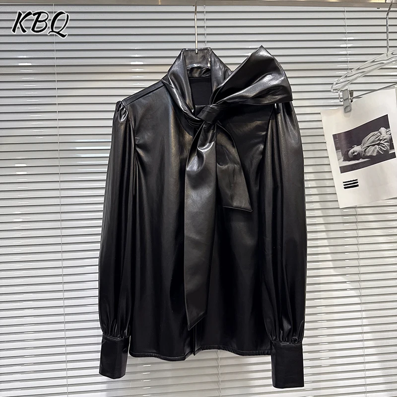 

KBQ Solid Spliced Butterfly Loose Blouse for Women Stamd Collar Long Sleeve Temperament PU Leather Shirt Female Style Winter New