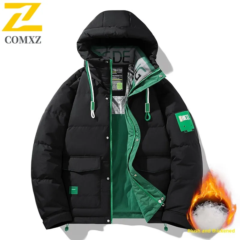 

Men Down Jacket 2025 Trendy White Goose Down Thick Cold Proof Warm Hooded Pike Coat Outdoor Casual Winter Zipper Cotton Jacket