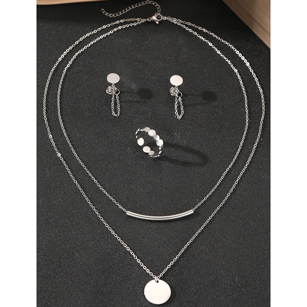 Set di gioielli in acciaio inossidabile anello rotondo orecchini con nappe collana a doppio strato Set di gioielli semplici per regalo Festival di gioielli da donna