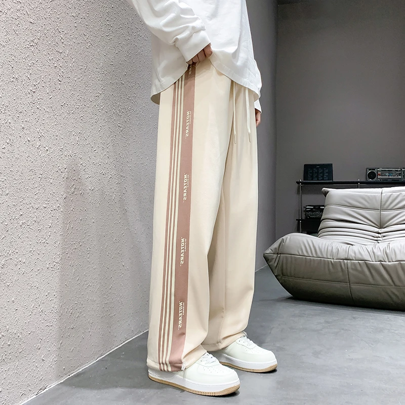 Men's Striped Casual Pants Teen Baggy Pants Drawstring Oversized Sports Trousers Fashion Streetwear Contrasting Slacks