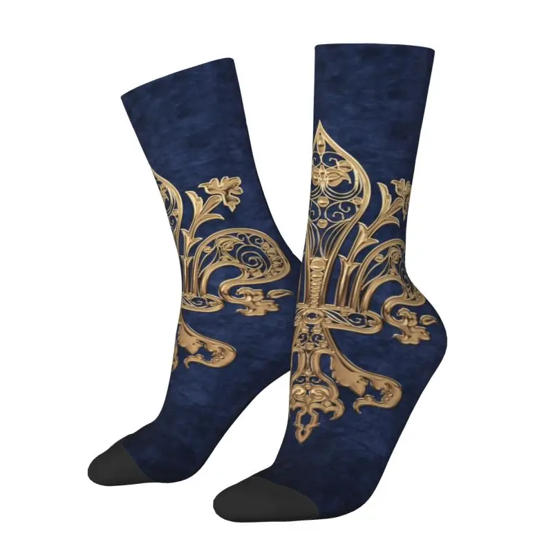Coole goldene filigrane Fleur De Lis-Socken für Herren und Damen, warm, 3D-Druck, Fleur-De-Lys, Lilienblume, Fußball-Sportsocken