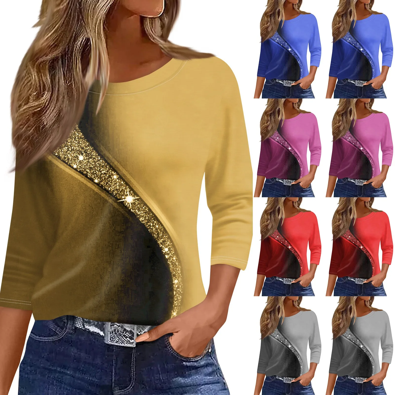 2024 New Women\'s Sweater O-neck Shirt Fashion Casual Seven Sleeve Printed Round Neck Top Women\'s T-shirts Short Sleeve Top
