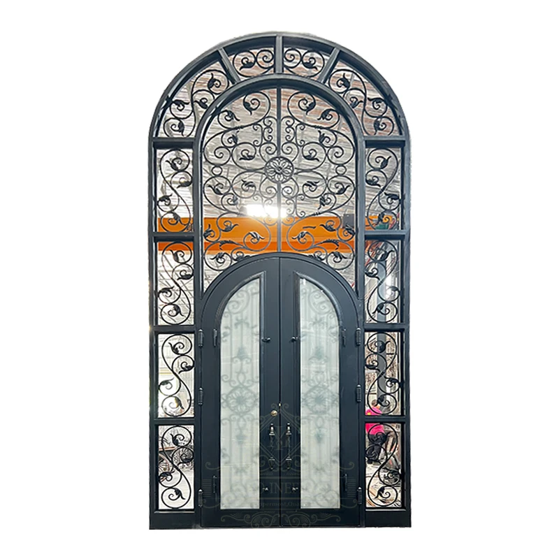 

Excellence Quality Exterior Glass Metal Security Wrought lron Double Front Entry Doors For Villa