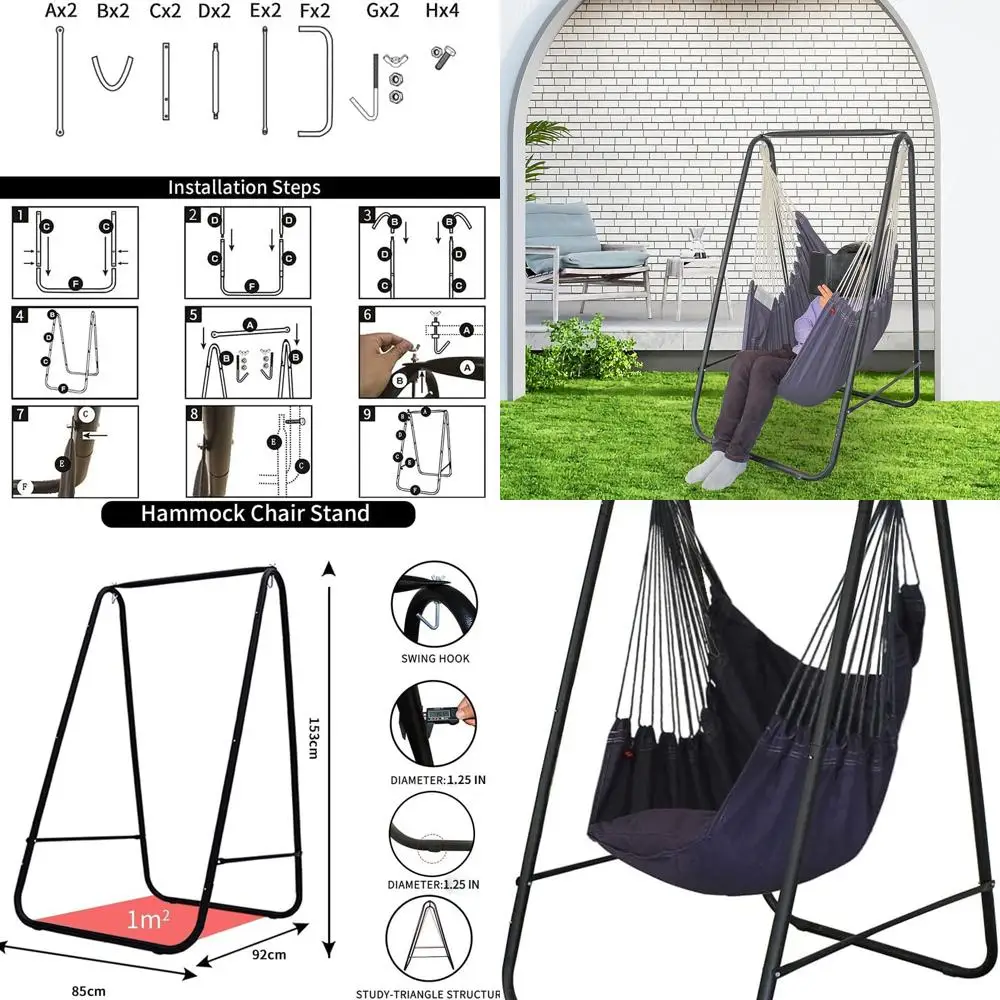

Weatherproof Hammock Swing Chair with Stand, Supports Up to 450 lbs, Durable Cotton for Indoor/Outdoor Use (Grey) - Patented