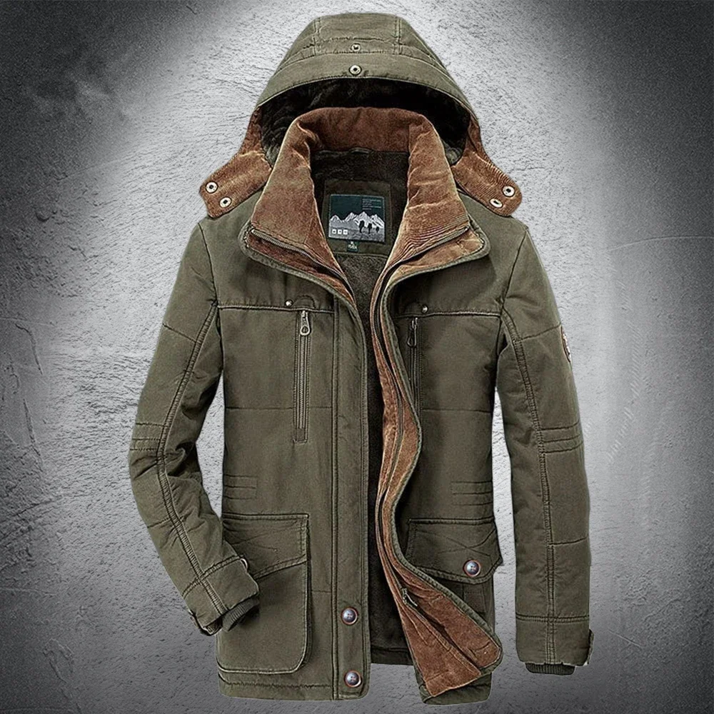 Parka Outdoor Men's Winter Jacket Plus Velvet Thick Warm Multi Pocket Jackets Solid Parkas Male Zipper Coat Large Size Clothing