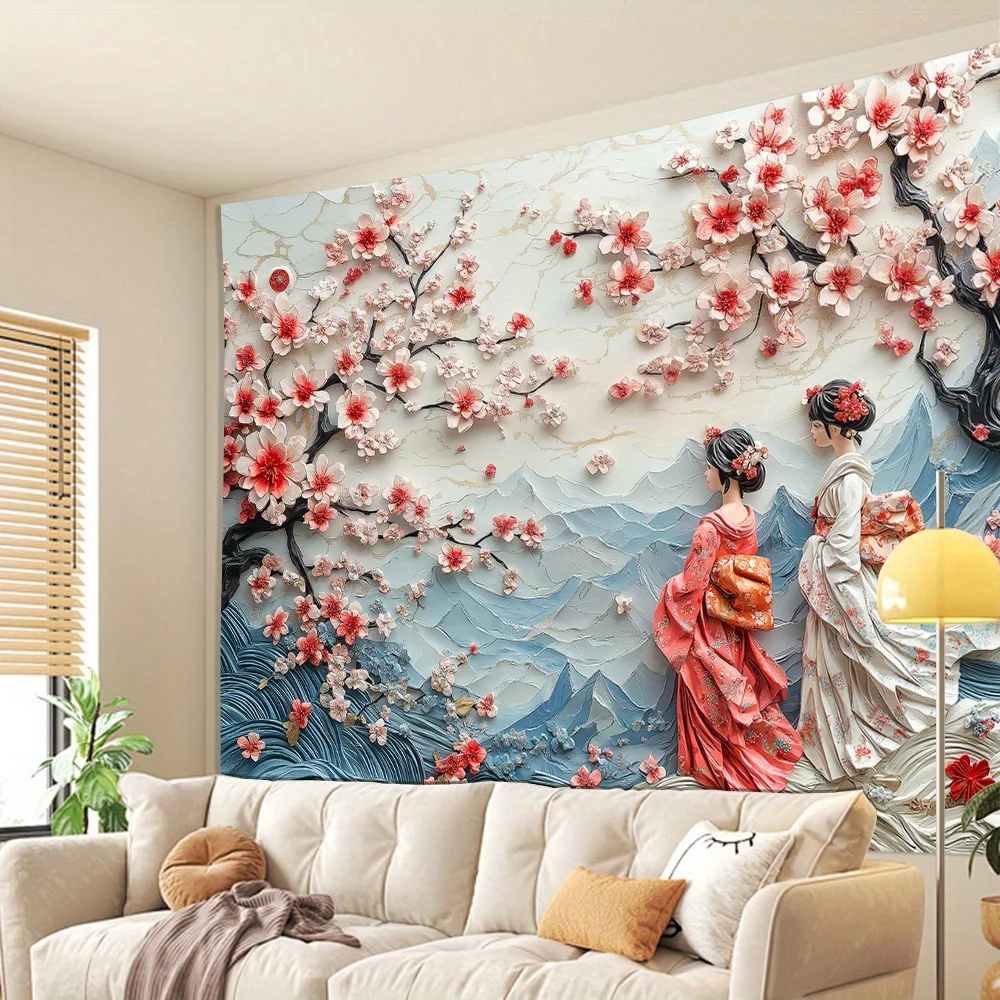 1pc 3D stereo visual effect cherry blossom and girl background cloth, living room bedroom office room decoration tapestry
