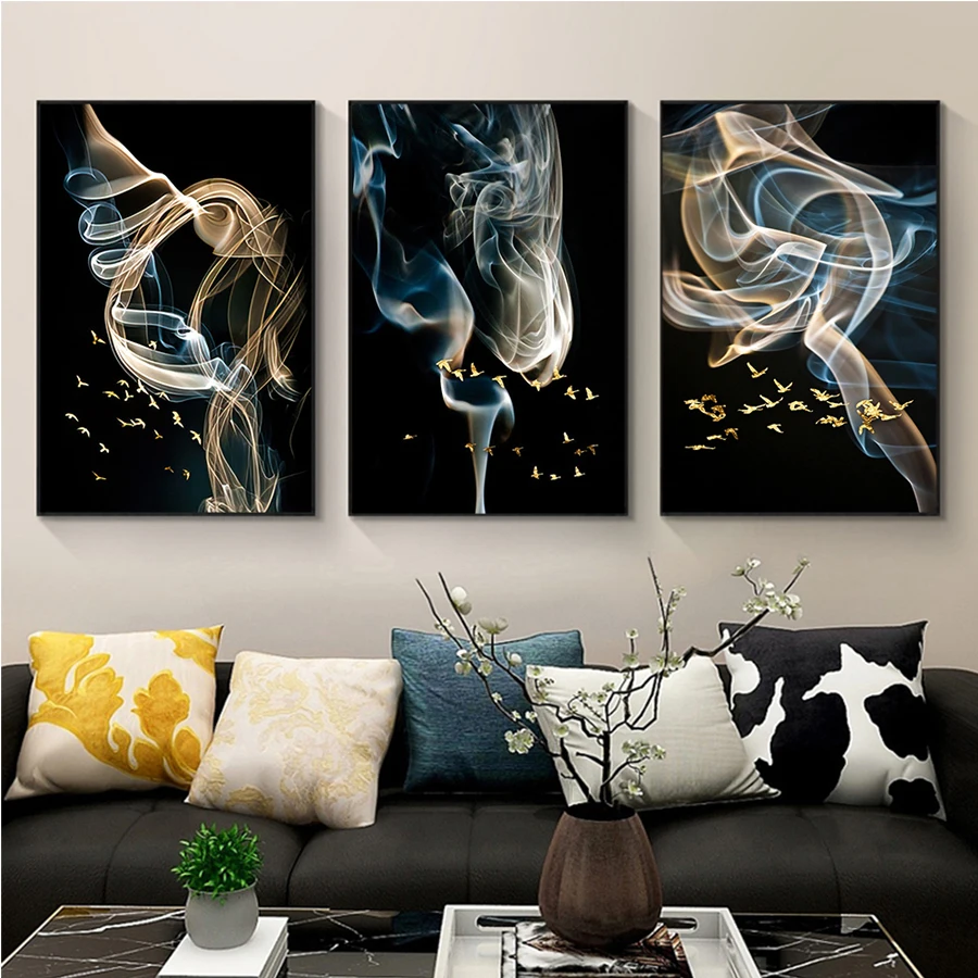 3pcs Modern Abstract Ribbon Golden Bird diamond Paintings cross stitch Living Room Decorative Painting Abstract Smoke Triptych