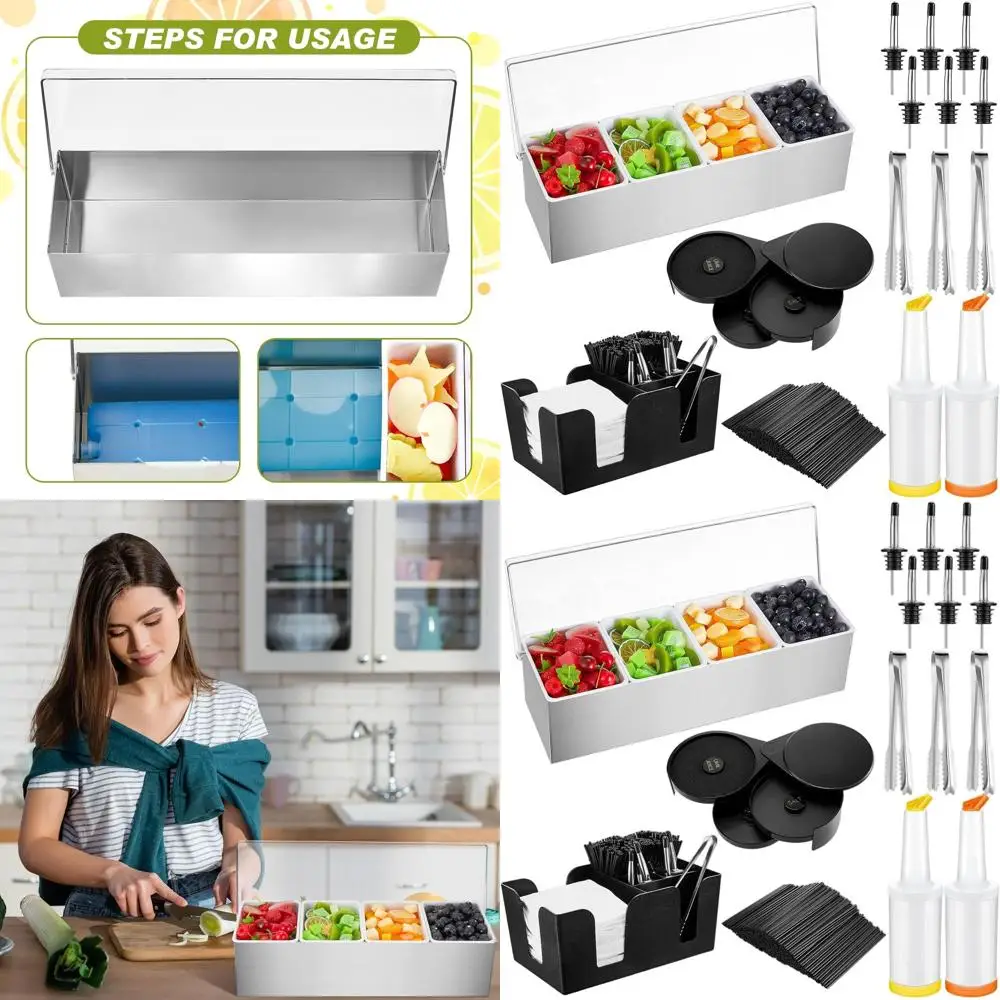 

3-Tier Bar Caddy with Lid, Stainless Steel Rimmer, 12 Bottle Pourers, 2 Juice Dispensers, 1000 Straws, and 3-Compartment Serving