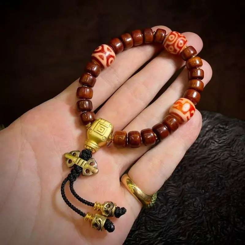 Tibetan natural genuine old mine raw stone agate lotus master ritual objects three- and six-eyed Dzi beads bracelet ox bo