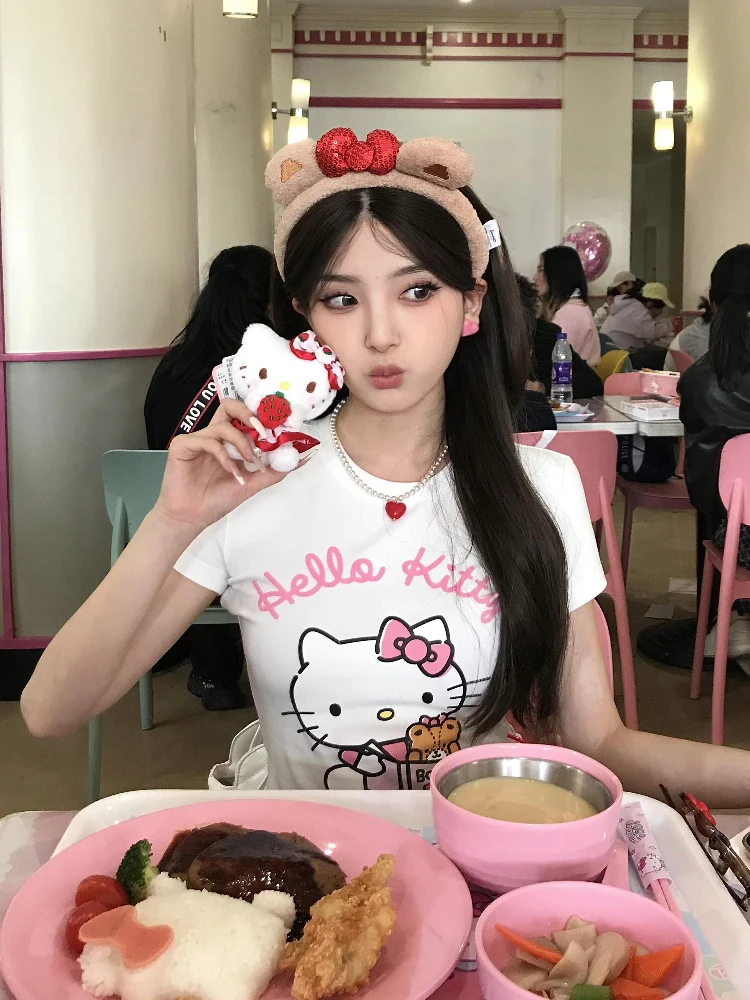 

Розовая футболка с мультяшным принтом, облегающая, с коротким рукавом, из чистого хлопка, с высокой эластичностью, женская летняя футболка до плеч