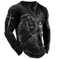 Camiseta gráfica de caveira 3D masculina, camiseta manga comprida, camiseta com decote v, roupas grandes, tops de algodão, vintage, verão