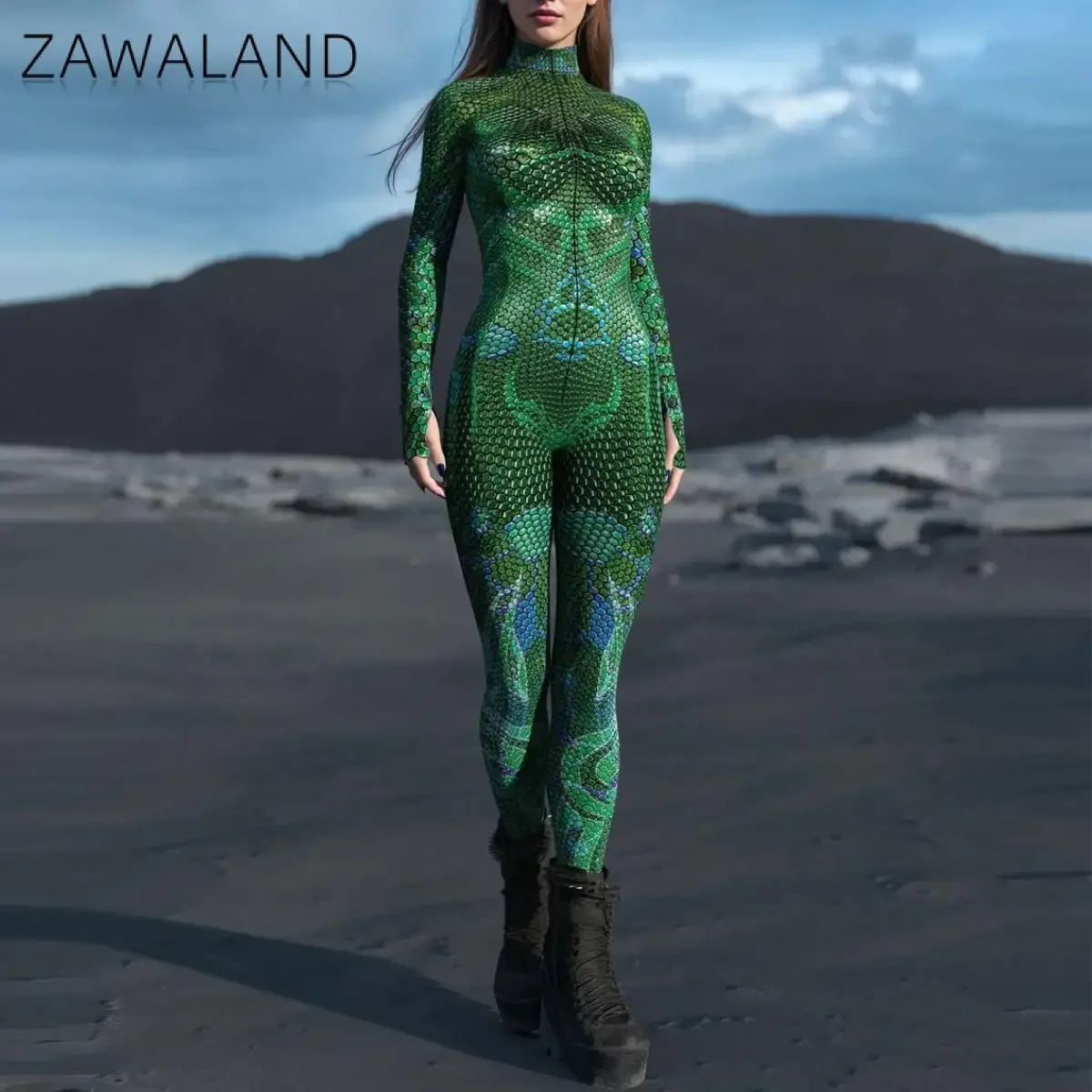 Zawaland Myriad Sentinel Green Cosplay Bodysuit Women Men Snake Print Costume Festival Party Outfit Rave Performance Zentai Suit view 3