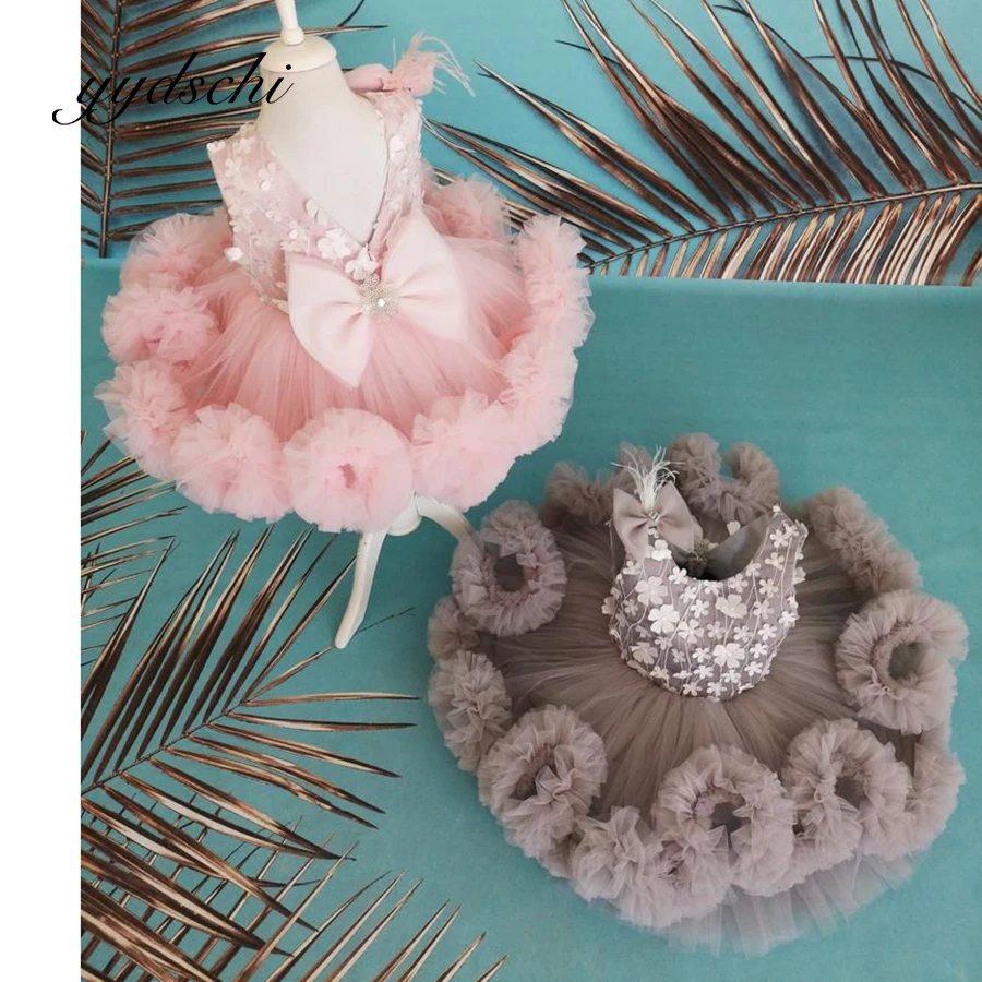 Feathers Flower Girl Dresses Lace Wedding Tulle Appliques Pleat Mini Ball Gown First Communion Bow Dress for Kids Pageant Party