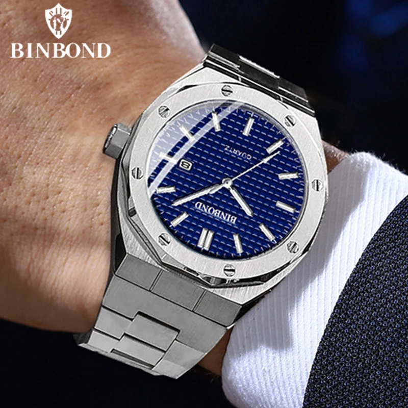 BINBOND Men\'s Watch Top Brand Royal Casual Men Big Dial Stainless Steel Calendar Quartz Wristwatch Classic Luminous Waterproof