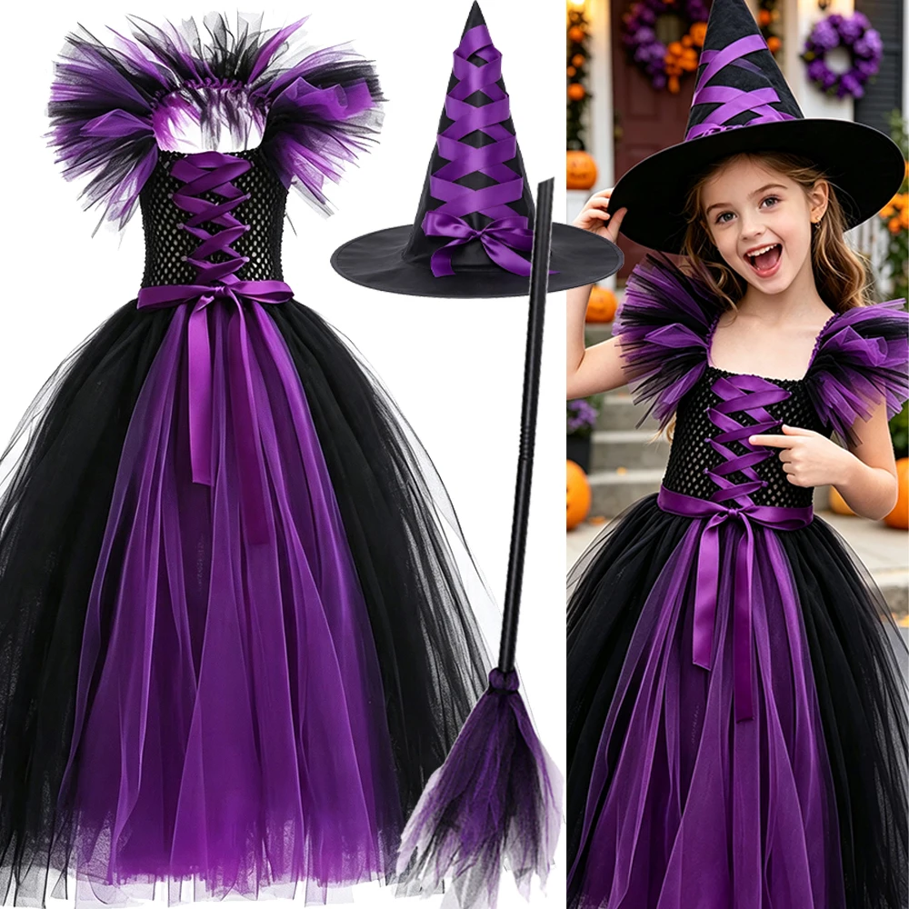 Girls Black Purple Witch Full Length Tutu Dress With Witch Hat Broom For Halloween Cosplay