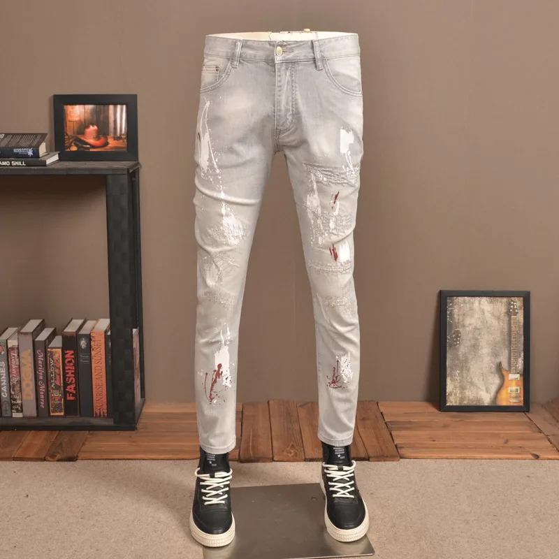 Summer Thin-Style Gray Ripped Jeans Men's Fashionable Stretch Tight Feet High-End Spray Paint Patch Casual Trousers
