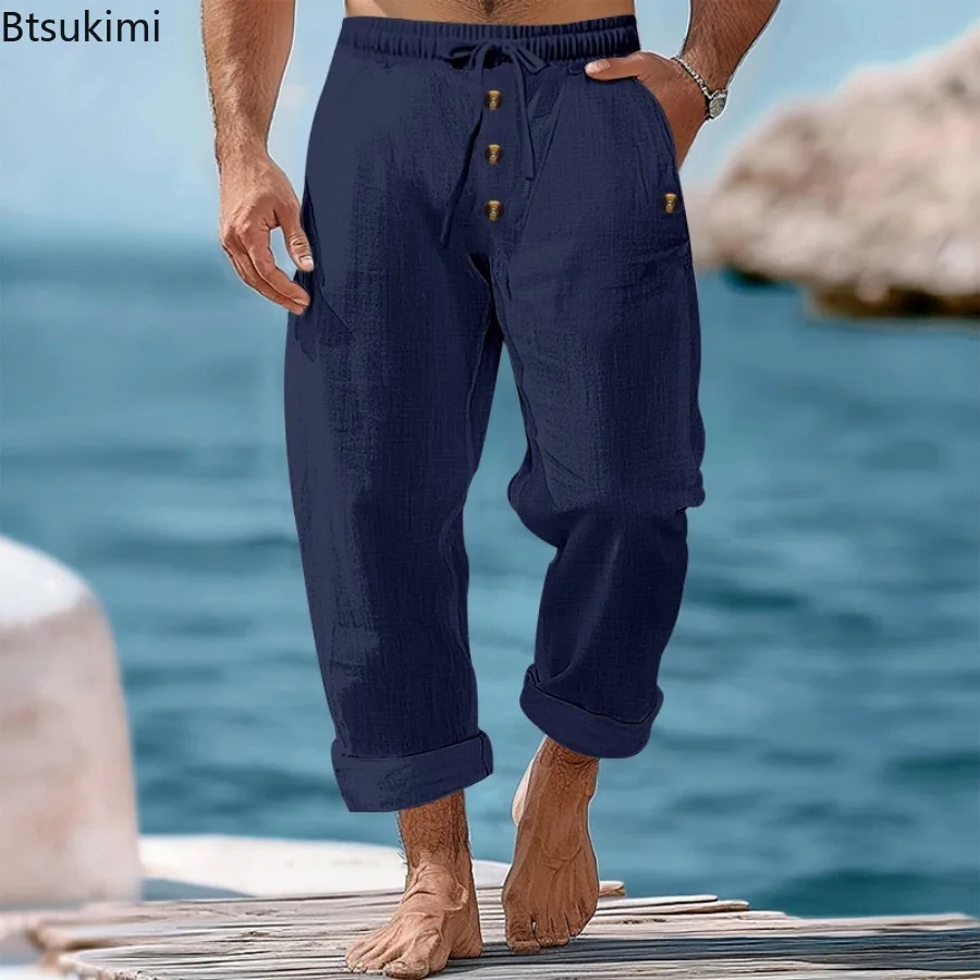 2025 Spring Summer New Men's Beach Pants Solid Color Linen Loose Drawstring Button Sweatpants Breathable Casual Trousers for Men