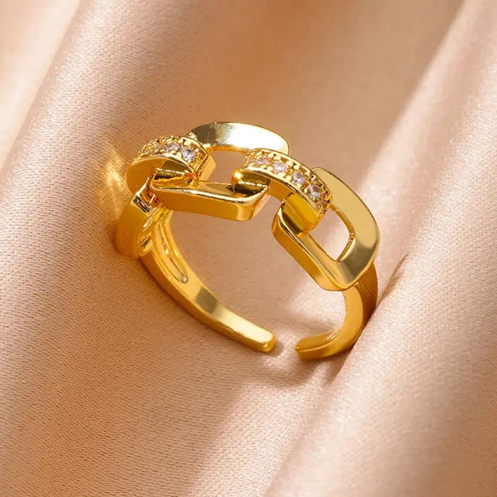 

Женское Открытое кольцо в форме цепи, кольцо золотого цвета с белым цирконом, Ювелирное Украшение в стиле панк, аксессуар для выпускного вечера