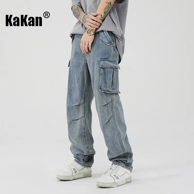 

Kakan - New High Street Vintage Wash Jeans for Men, Multi Pocket Loose Straight Leg Wide Leg Long Jeans K24-ZLJZT0005